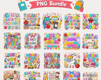 May include: A digital collection of twenty colorful Back to School themed illustrations featuring school supplies, backpacks, books, and cartoon characters with text including Back to School, School Vibes, and School is My Superpower.