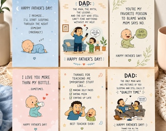 May include: A collection of six Father's Day greeting cards with illustrations and text. The cards feature images of babies and fathers, with messages like "Happy Father's Day" and humorous sentiments about fatherhood.