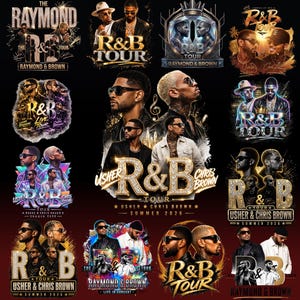 May include: A collection of R&B tour posters featuring Usher and Chris Brown, with some including Raymond & Brown. The designs use gold and jewel-toned accents on a black background. Text includes "R&B Tour" and "Summer 2026".