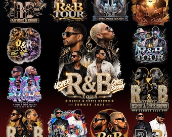 May include: A collection of R&B tour posters featuring Usher and Chris Brown, with some including Raymond & Brown. The designs use gold and jewel-toned accents on a black background. Text includes "R&B Tour" and "Summer 2026".