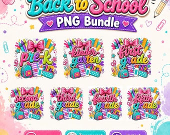 May include: A digital graphic set titled Back to School PNG Bundle featuring colorful illustrations of school supplies like backpacks, crayons, and scissors. Each icon includes text for grade levels from pre-k through fifth grade.