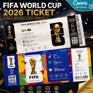 May include: Two FIFA World Cup 2026 ticket templates featuring gold trophy graphics, match details for France vs England and a group stage game, QR codes, barcodes, and text including FIFA World Cup 2026, United Passion Glory, and The World United.