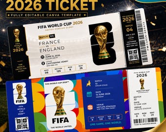 May include: Two FIFA World Cup 2026 ticket templates featuring gold trophy graphics, match details for France vs England and a group stage game, QR codes, barcodes, and text including FIFA World Cup 2026, United Passion Glory, and The World United.
