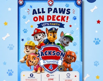 May include: A blue birthday invitation card featuring Paw Patrol characters with the text ALL PAWS ON DECK! LET'S PAWTY! JACKSON is turning 4. The card includes sections for address, date, time, and RSVP information with icons for location, calendar, and clock.