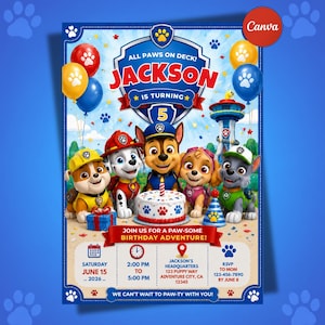 Paw Patrol födelsedagsinbjudan redigerbar Canvas-mall | Valpfestinbjudan | Direkt digital nedladdning