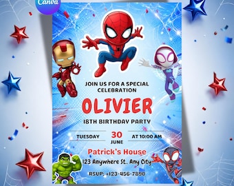 Spidey and His Amazing Friends Birthday Invitation | Editable Spider-Man Party Invite Superhero Canva Template | Instant Digital Download