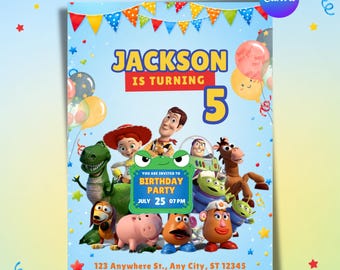 May include: A light blue birthday invitation featuring Toy Story characters including Woody, Buzz Lightyear, Jessie, Rex, and Mr. Potato Head. Text reads: Jackson is turning 5, You are invited to birthday party July 25 07 PM, 123 Anywhere St, Any City, ST 12345, RSVP: +123-456-7890.