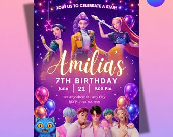 May include: A purple and pink birthday party invitation with the text "Join us to celebrate a star!" and "Amilias 7th Birthday". The invitation features cartoon illustrations of people and balloons.
