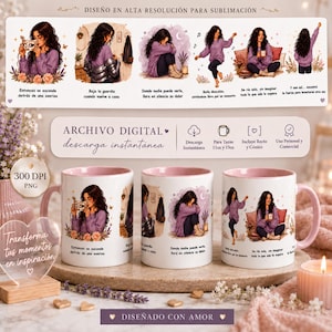 Könnte beinhalten: Weiße Keramikbecher mit rosa Innenräumen und Griffen, die Illustrationen einer Frau in verschiedenen Posen zeigen. Die Tassen haben Text auf Spanisch. Das Bild enthält auch einen herzförmigen Acrylständer und ein Banner mit der Aufschrift "Archivo Digital".