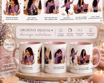 May include: White ceramic mugs with pink interiors and handles, featuring illustrations of a woman in various poses. The mugs have text in Spanish. The image also includes a heart-shaped acrylic stand and a banner that says "Archivo Digital".