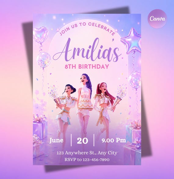 Kpop Demon Hunters Birthday Invitation Template | Editable Canva Template | Kpop Anime Invite | Digital Download | Printable Card for Kids