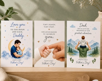 May include: Three Father's Day greeting cards with watercolor illustrations. The cards feature images of a father and child, with text that reads "Love you Daddy", "Tiny hands, tiny feet", and "Dad, this is just the beginning of our greatest adventure."