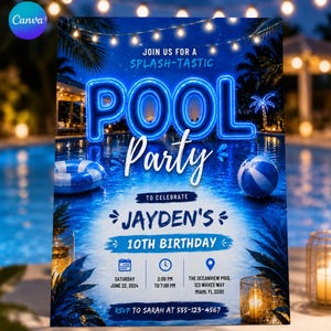Può includere: Invito a una festa in piscina blu e bianca con la scritta "POOL Party" in blu neon. L'invito include i dettagli per il 10° compleanno di Jayden, tra cui data, ora e luogo. Sono visibili anche un pallone da spiaggia blu e bianco e un anello gonfiabile blu e bianco.