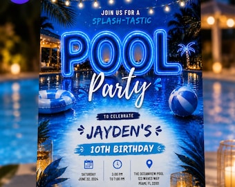 May include: A blue and white pool party invitation with the words "POOL Party" in neon blue. The invitation includes details for Jayden's 10th birthday, including the date, time, and location. A blue and white beach ball and a blue and white inflatable ring are also visible.