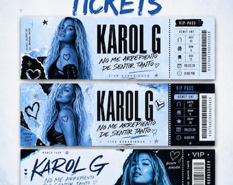 May include: Three editable concert tickets featuring a blue-toned aesthetic with a portrait of Karol G. The text reads Karol G, No Me Arrepiento De Sentir Tanto, Live Experience, and VIP Pass. Each ticket includes a barcode, seat details, and icons.