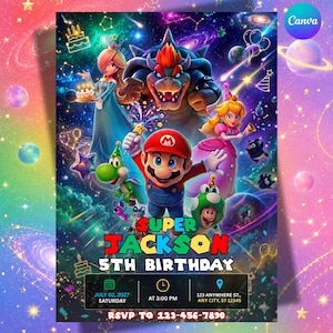 May include: A rectangular birthday invitation featuring Mario, Bowser, Princess Peach, Rosalina, Yoshi, and Toad against a cosmic space background. The text reads Super Jackson 5th Birthday, July 02, 2027, at 3:00 PM, 123 Anywhere St., and RSVP to 123-456-7890.