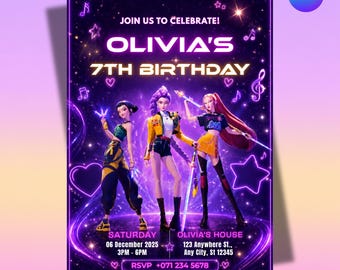 May include: A vibrant invitation for Olivia's 7th birthday, featuring three animated figures in stylish outfits. The design includes the text "JOIN US TO CELEBRATE! OLIVIA'S 7TH BIRTHDAY" in bold, with event details and RSVP information. The color scheme is purple and black.