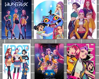 May include: Six colorful K-Pop themed art prints. The prints feature stylized illustrations of female characters in various poses. The top left print has the word "HUNT/X" in white. The bottom center print has the words "KPOP DEMON HUNTERS".