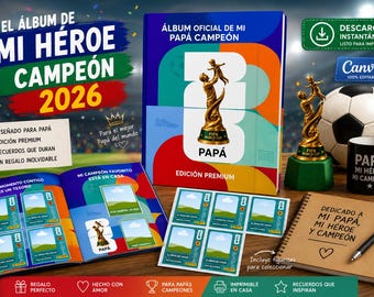 May include: A digital sticker album kit titled El Álbum de Mi Héroe Campeón 2026 featuring a colorful book, a gold-colored trophy replica, a soccer ball, a black mug with text, a sticker sheet, and a spiral notebook with a pen on a wooden surface.