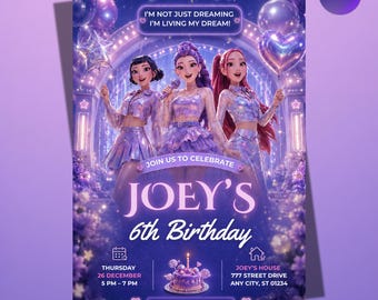 May include: A purple birthday invitation with three animated girls holding balloons and a microphone. The text reads "Joey's 6th Birthday" with event details and RSVP information. The design includes stars, balloons, and the Canva logo.