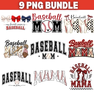 Baseball Mama PNG-paket (9 designer) | Retro rutig baseballmamma PNG, kokett rosett, matchdagströjadesign, sublimering PNG-nedladdning