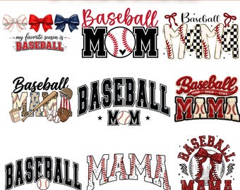 May include: A digital art bundle featuring nine baseball-themed designs. The designs include the words "Baseball Mom" and "Baseball Mom" in various fonts, baseballs, and bows. The text "my favorite season is baseball" is also included.
