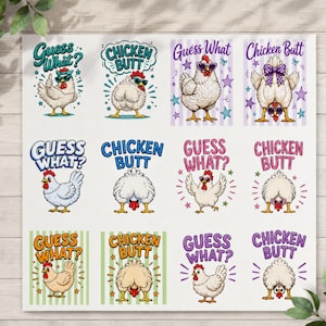 May include: A sheet of stickers featuring cartoon chickens in various poses. Each sticker has the text "Guess What?" or "Chicken Butt" in different fonts and colors. Some chickens wear sunglasses or bows.