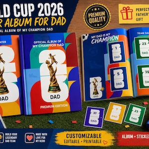 Könnte beinhalten: Ein Weltmeisterschaft 2026 Sticker-Album für Väter mit einem bunten Einband, einer goldenen Trophäengrafik und dem Text "Official Album of My Champion Dad". Das Set enthält ein offenes Album, einzelne Sticker-Karten und eine kleine Schachtel.