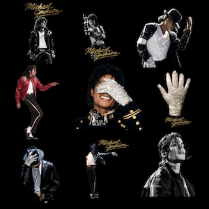 May include: A collage of images featuring Michael Jackson in various poses. The images include a red jacket, a sequined glove, and a black jacket with a white shirt. The words "Michael Jackson" are written in gold script.