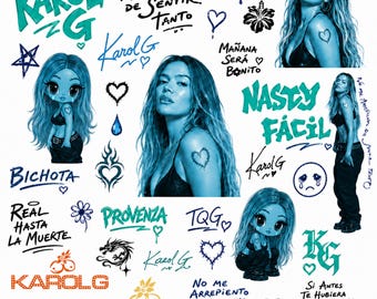 May include: A collection of temporary tattoos featuring blue-toned graphics of Karol G, chibi-style characters, hearts, stars, butterflies, and text including "Bichota," "Provenza," "TQG," and "Mañana Será Bonito" in various fonts and styles.