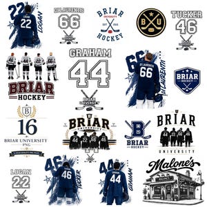 May include: A collection of digital designs featuring hockey-themed graphics. Includes team logos, player numbers, and text such as "Briar University Hockey," and player names like "Logan" and "Tucker." The designs are in various styles, including illustrations and badges.