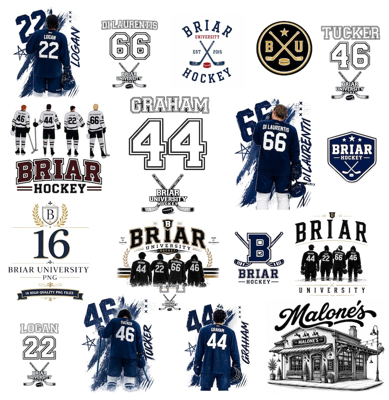 May include: A collection of digital designs featuring hockey-themed graphics. Includes team logos, player numbers, and text such as "Briar University Hockey," and player names like "Logan" and "Tucker." The designs are in various styles, including illustrations and badges.
