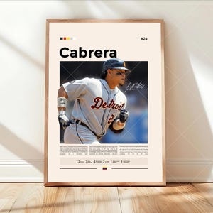 May include: A framed poster featuring a baseball player in a Detroit Tigers uniform. The poster includes the name "Cabrera" in bold text, the player's number, and a signature. The background is a light beige color.