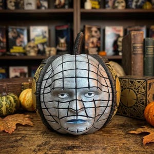 Hellraiser Pinhead Pumpkin Decor - Hand-Painted Horror Movie Collectible - Cenobite Puzzle Box Style Halloween Decoration