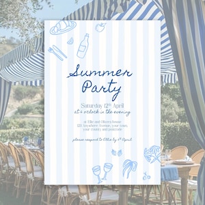 Gestreifte Sommerparty Einladung Vorlage Canva Bearbeitbar Digital Strand Geburtstag Event Invite Design
