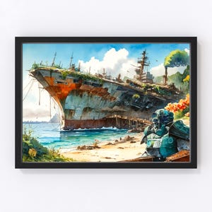 Puede incluir: Pintura a la acuarela de un gran portaaviones desgastado en una playa. El barco está oxidado con vegetación creciendo en él. Una figura con armadura verde azulado está en la orilla. El cielo es azul con nubes esponjosas.