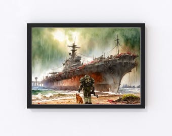 Post Apocalyptic Fallout Wall Art – Power Armour and Dogmeat – Wasteland Ship City Print