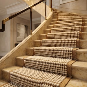 Pode incluir: Uma escadaria luxuosa com degraus de mármore e um tapete decorativo. O tapete é feito de pequenas bolas brancas e uma borda marrom. Um corrimão de madeira escura com detalhes em latão acompanha a escada.