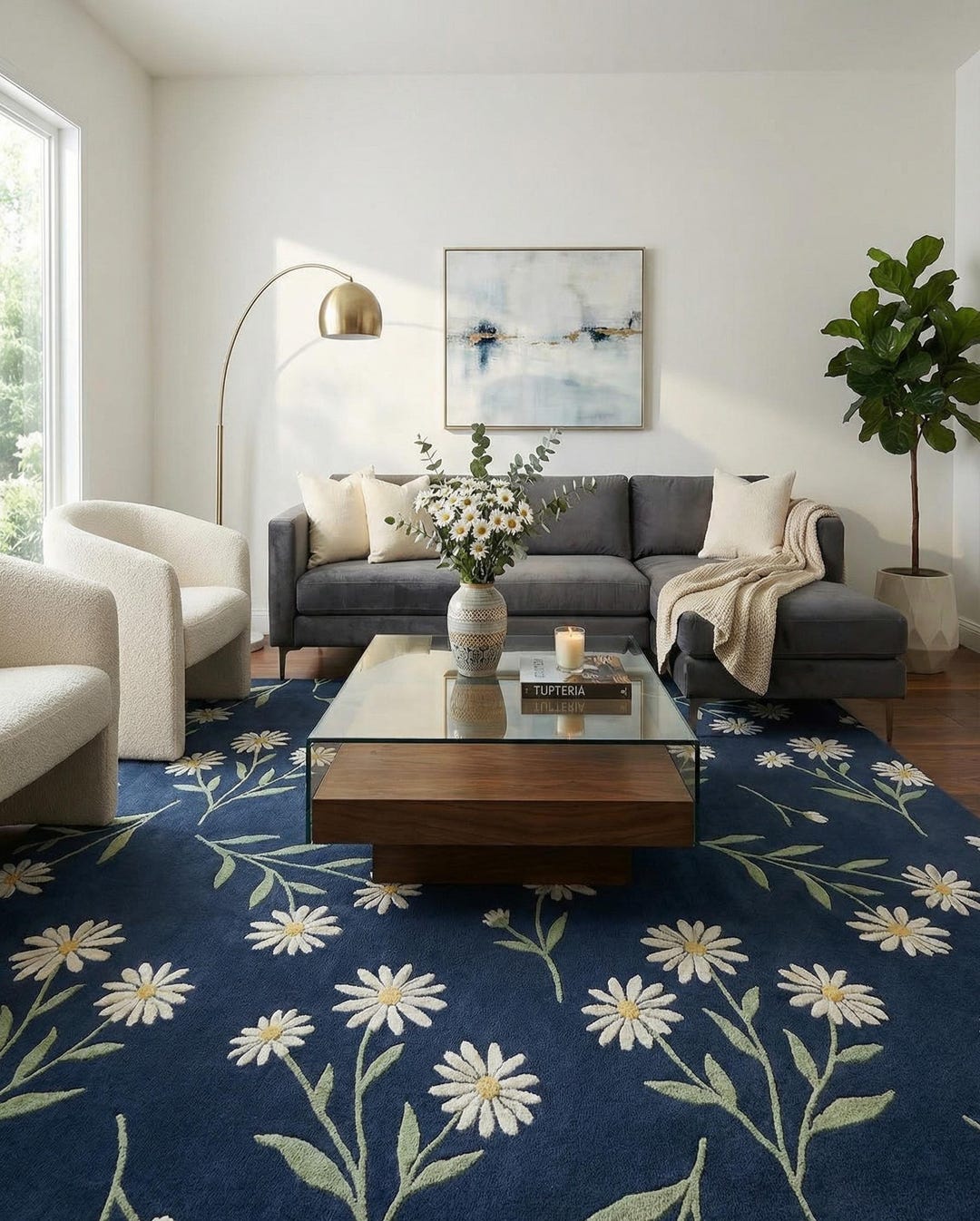Navy Blue Daisy Rug Floral Area Rug Botanical Rug Cottagecore Rug Hand ...