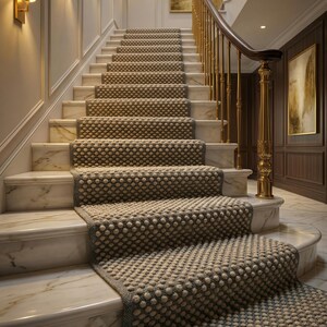 May include: A grand staircase with marble steps and a beige carpet runner. The runner has a textured, dotted pattern. Gold-colored sconces line the wall, and a wooden handrail with gold accents curves along the stairs.