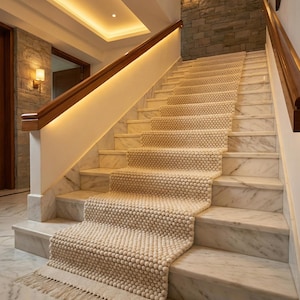Puede incluir: Una escalera de mármol con una alfombra de color crema y textura. La alfombra tiene flecos en la parte inferior. La escalera tiene una barandilla de madera y está iluminada por luces empotradas y apliques de pared. Las paredes son blancas y de piedra.