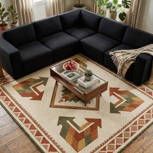 Op de afbeelding: Een moderne woonkameropstelling met een grote zwarte hoekbank, een vloerkleed met geometrische patronen in oranje, groen en bruin, en een houten salontafel met een glazen blad. Kamerplanten voegen een vleugje natuur toe.