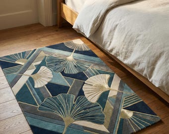 rt Deco フローラルエリアラグ 5 x 7 フィート、ネイビーティール リビングルームラグ、モダンボタニカルカーペット、タフテッド高級ラグ、ニュージーランド産糸使用