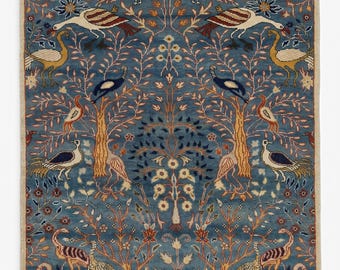Blue Bird Motif Runner Rug,Hand Knotted Tree of Life Carpet,Floral Animal Design Rug Hallway Runner Ready to Dispatch Size: 2.5x6 ft(Runner)