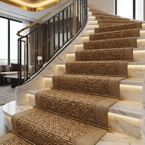 Pode incluir: Uma escadaria curva com degraus de mármore e tapetes de escada tecidos. Os degraus são iluminados com iluminação embutida. O corrimão é preto com detalhes dourados. O design é luxuoso e elegante.