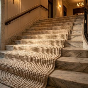Pode incluir: Uma escadaria grandiosa com degraus de mármore e um tapete bege texturizado. O tapete apresenta um padrão repetitivo de pequenos elementos arredondados. As paredes são creme e a cena é iluminada por arandelas e um candelabro.