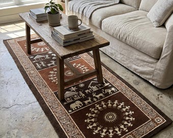 Hand-Knotted Tree of Life Wool Runner Rug | Rustic Brown Folk Art Kitchen Runner | Farmhouse Hallway Carpet | Scandinavian WARLI ART