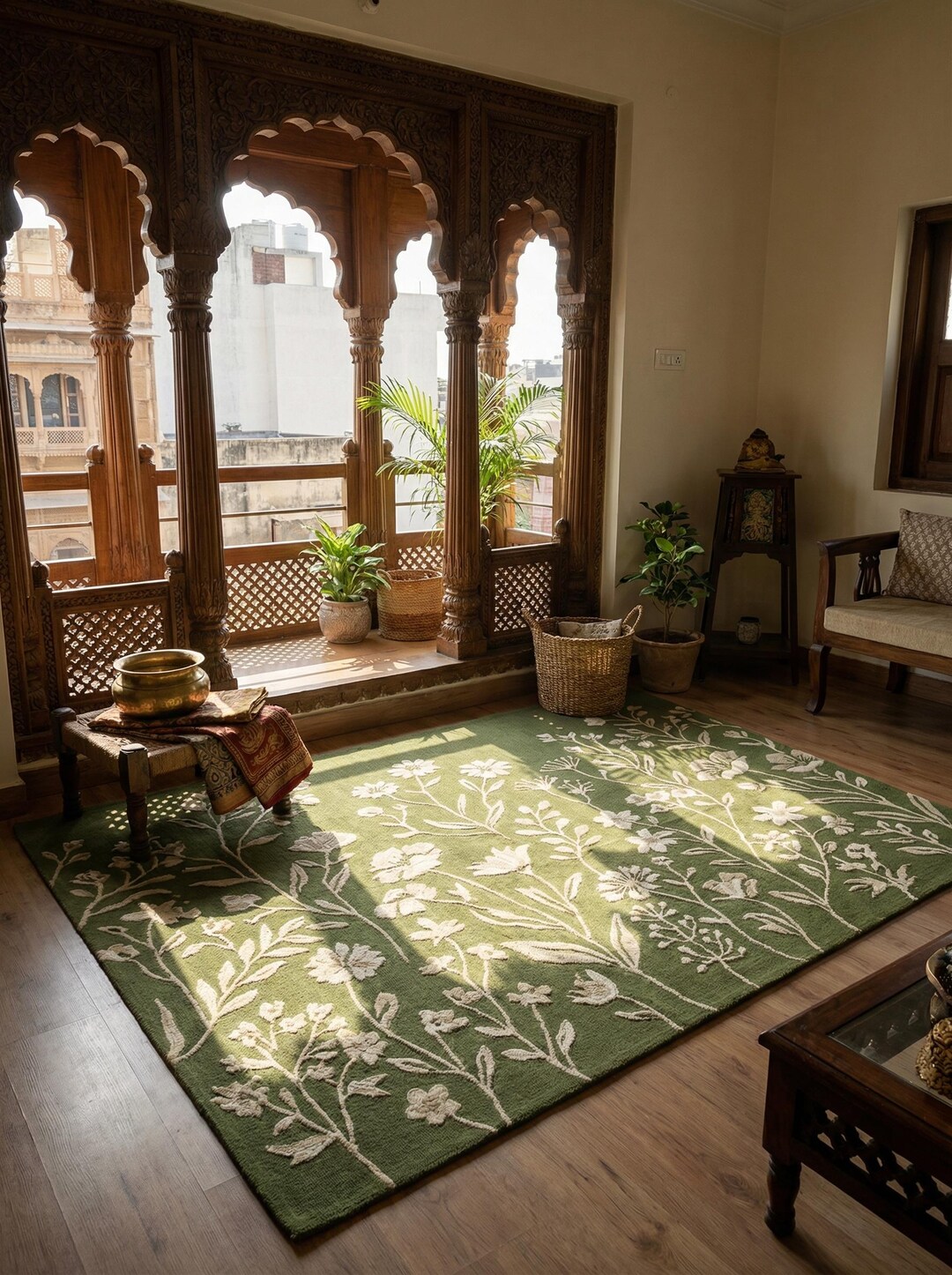 Sage Green Botanical Rug Floral Vine Rug Organic Modern Area Rug Cream ...
