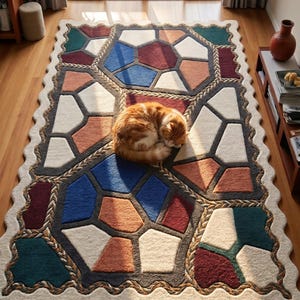 Puede incluir: Una colorida alfombra geométrica con borde festoneado y borde trenzado. La alfombra presenta un patrón de formas irregulares en tonos de azul, naranja, blanco y verde. Un gato naranja y blanco enroscado descansa sobre la alfombra.
