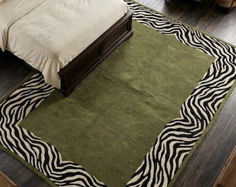 Zebra Border Rug, Olive Green Hand Tufted Wool Blend, Modern Organic Statement Rug